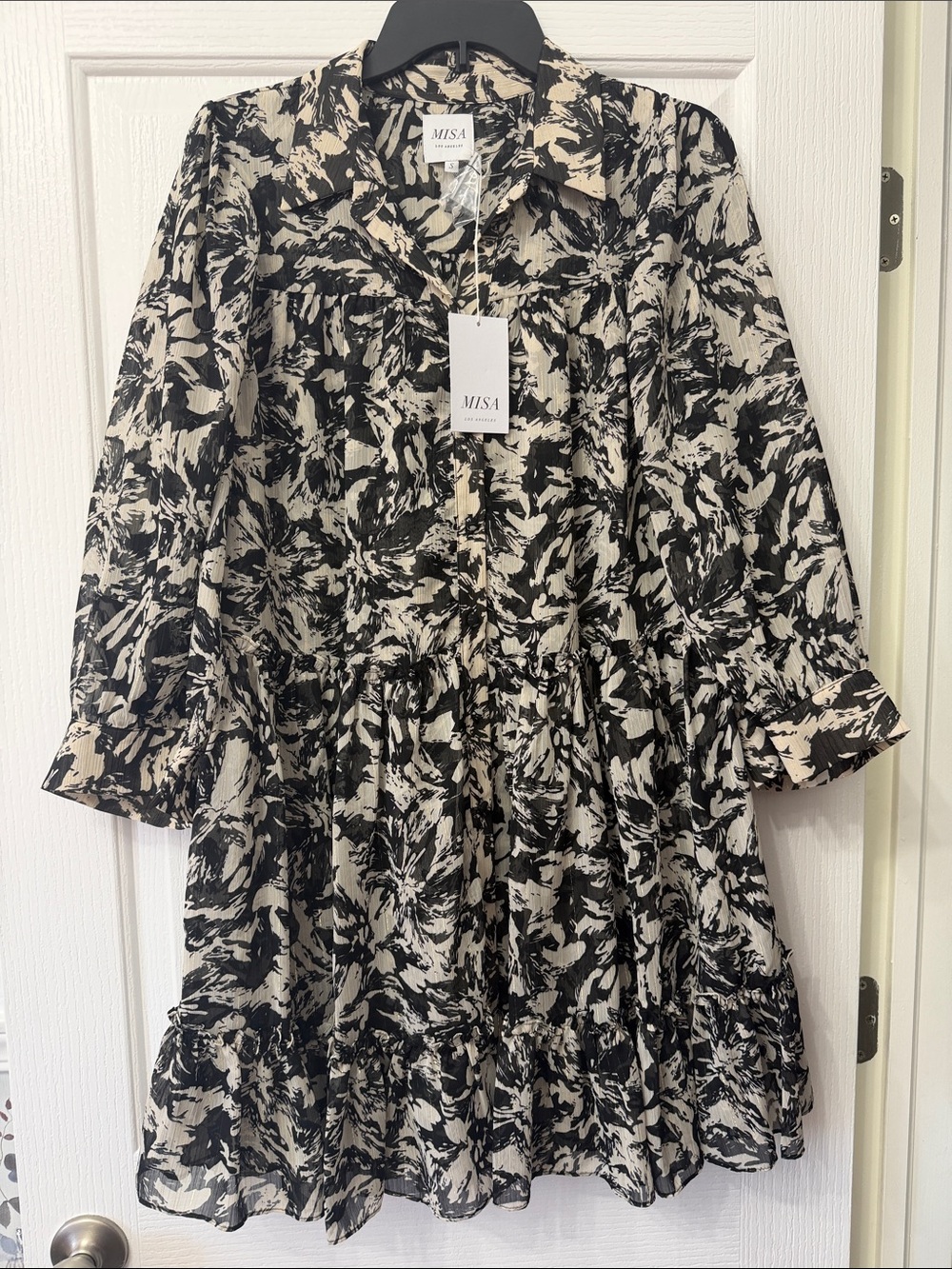 Misa Los Angeles Black & Cream Abstract Tiered Shirt Dress